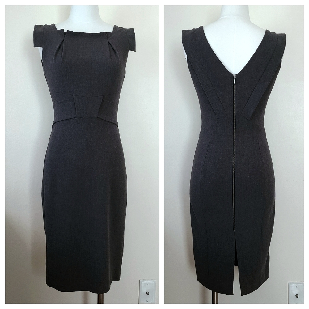 Grey Halo shift dress bodycon square neckline v back metal zipper crepe slim
